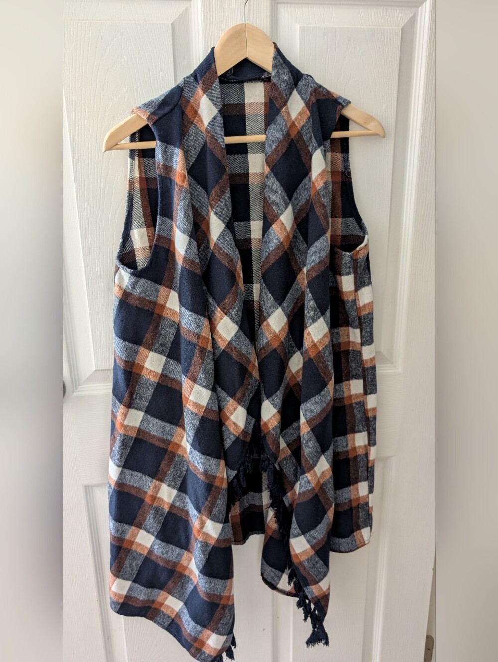 Plaid Open Front Vest - Navy, Brown & Cream